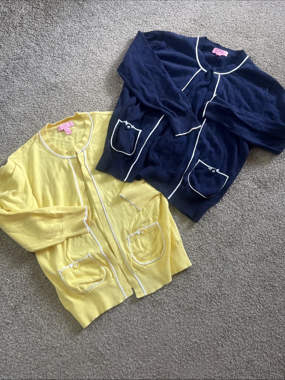 Lot 2 Lilly Pulitzer Cardigans Cotton White Piping Pockets Bows Navy Yellow szS